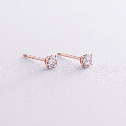 Серьги - пусеты "Сердечки" в красном золоте (фианиты) с06034