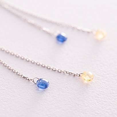 Висячі золоті сережки "Українка" (блакитні та жовті фіаніти) с08102 №3