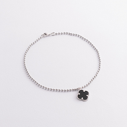 Срібний браслет "Конюшина" на ногу (онікс) 141801