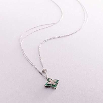 Серебряное колье "Клевер" (синт. малахит, фианиты) 181231