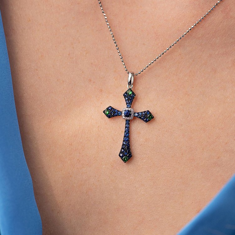 Золотой крестик (сапфир, бриллиант, уваровит) пб0129gm от ювелирного магазина Оникс - 4