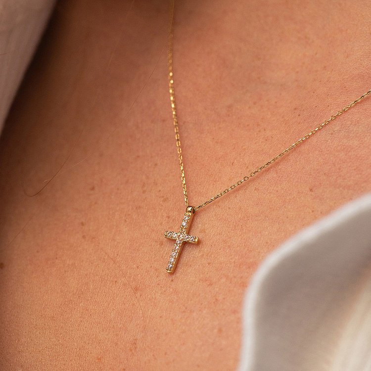 Колье "Крестик" в желтом золоте (фианиты) кол01813 от ювелирного магазина Оникс - 3