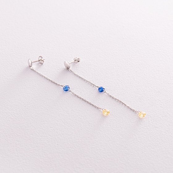 Висячие золотые серьги - пусеты "Украинка" (голубые и желтые фианиты) с08101