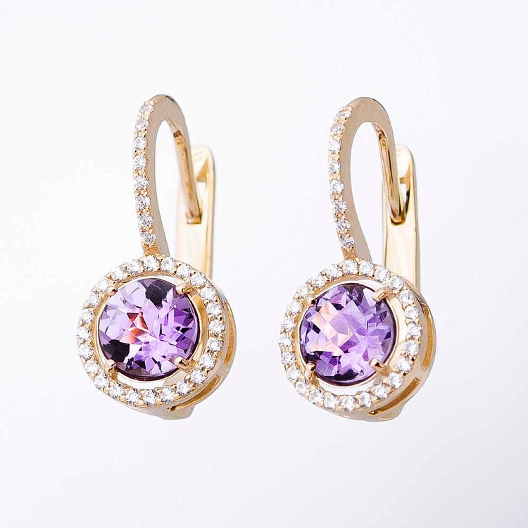 Золотые серьги с аметистом и фианитами 14048682 от ювелирного магазина Оникс