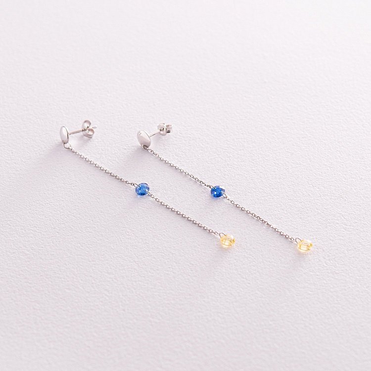 Висячие золотые серьги - пусеты "Украинка" (голубые и желтые фианиты) с08101 от ювелирного магазина Оникс