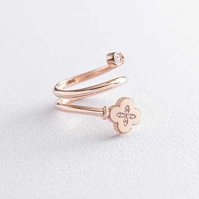 Кольцо "Клевер" с фианитами в красном золоте к06665