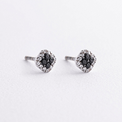 Срібні сережки - пусети з білими і чорними фіанітами 2588/1р-CZч