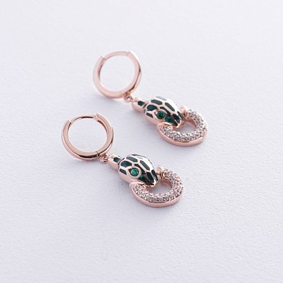 Золоті сережки "Змії" (емаль, фіаніт) с08695 №5