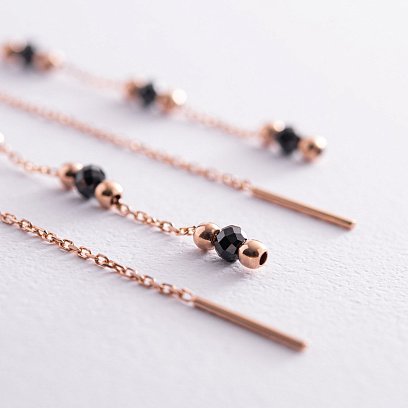 Золоті сережки - протяжки "Кульки" (чорні фіаніти) с07996 №3