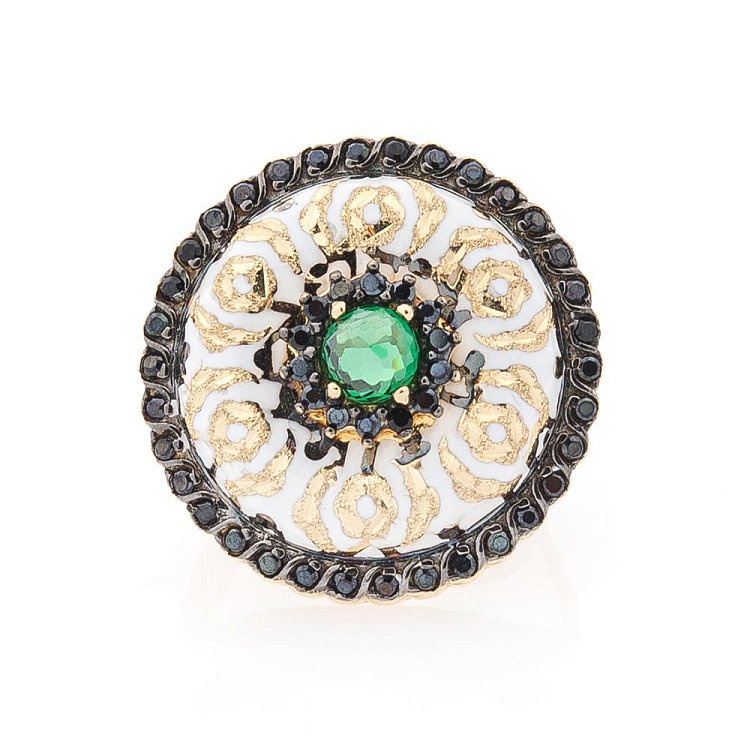 Золотое кольцо с фианитами и эмалью к04106 - 1 Золотое кольцо с фианитами и эмалью к04106 от ювелирного магазина Оникс - 1