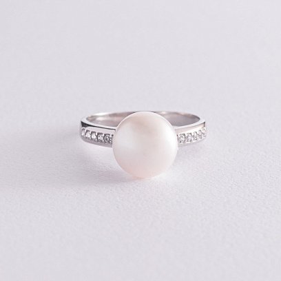 Серебряное кольцо с жемчугом и фианитами 1801/1р-PWT №4