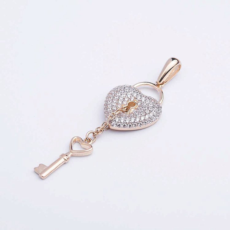 Золота підвіска "Серце і ключик" з фіанітами п02444 від ювелірного магазину Онікс