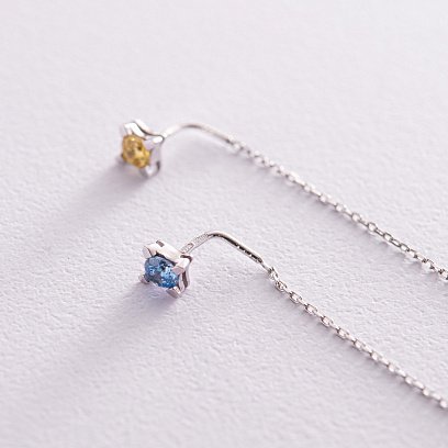 Сережки - протяжки у білому золоті (блакитні та жовті фіаніти) с08122 №3