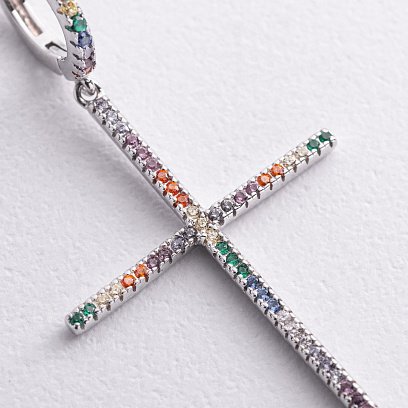 Срібні сережки "Хрестики" з різнокольоровими фіанітами 123484 №3