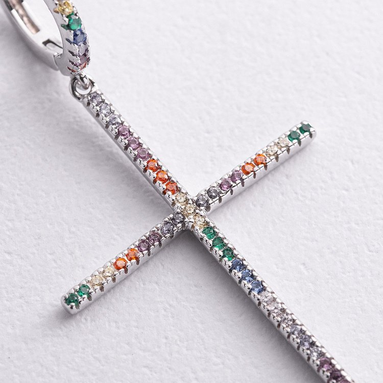 Срібні сережки "Хрестики" з різнокольоровими фіанітами 123484 від ювелірного магазину Онікс - 2
