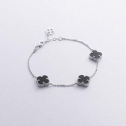 Браслет "Конюшина" з оніксом (біле золото) б05439