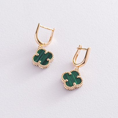 Золотые серьги "Клевер" с малахитом с05485 №4