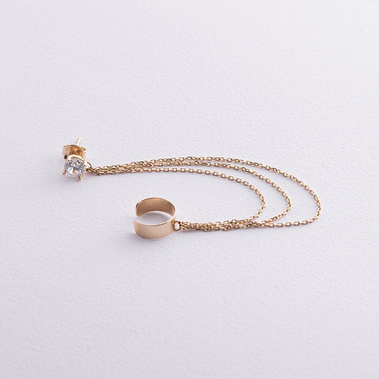 Серьга - каффа "Тринити" в желтом золоте с цепочками (фианит) с08041 от ювелирного магазина Оникс - 8