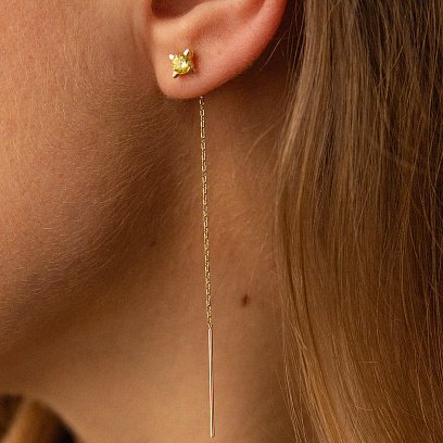 Серьги - протяжки в желтом золоте (голубые и желтые фианиты) с08123 №7