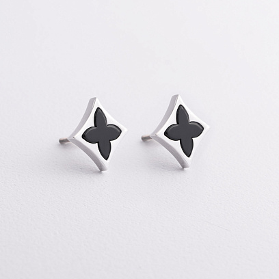 Серебряные серьги - пусеты "Клевер" (черная керамика) 1778ч