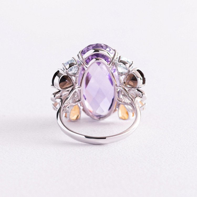 Золота каблучка (діаманти, топаз блакитний, цитрин, кварц димчастий, аметист зелений, аметист) к746A1 від ювелірного магазину Онікс - 4