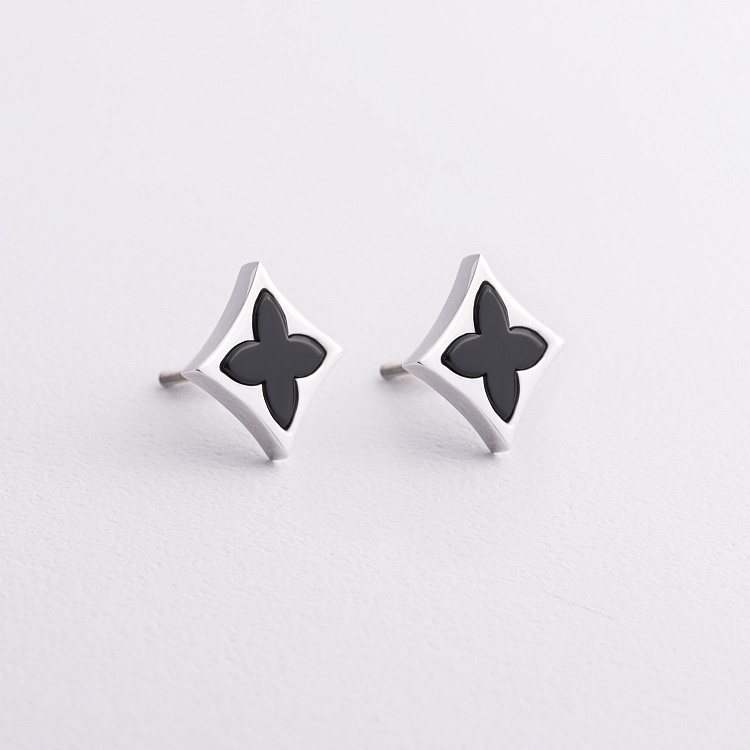 Серебряные серьги - пусеты "Клевер" (черная керамика) 1778ч от ювелирного магазина Оникс