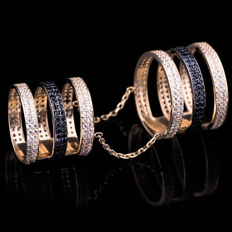 Двойное кольцо с фианитами из золота к04010 от ювелирного магазина Оникс - 2