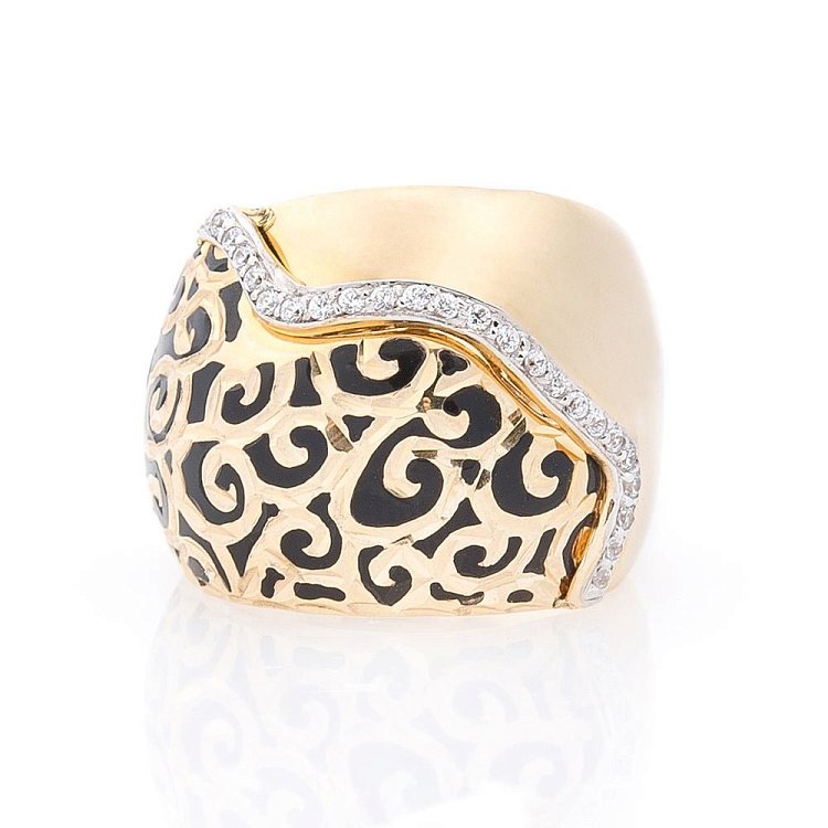 Золота каблучка з фіанітами і емаллю к03991 від ювелірного магазину Онікс