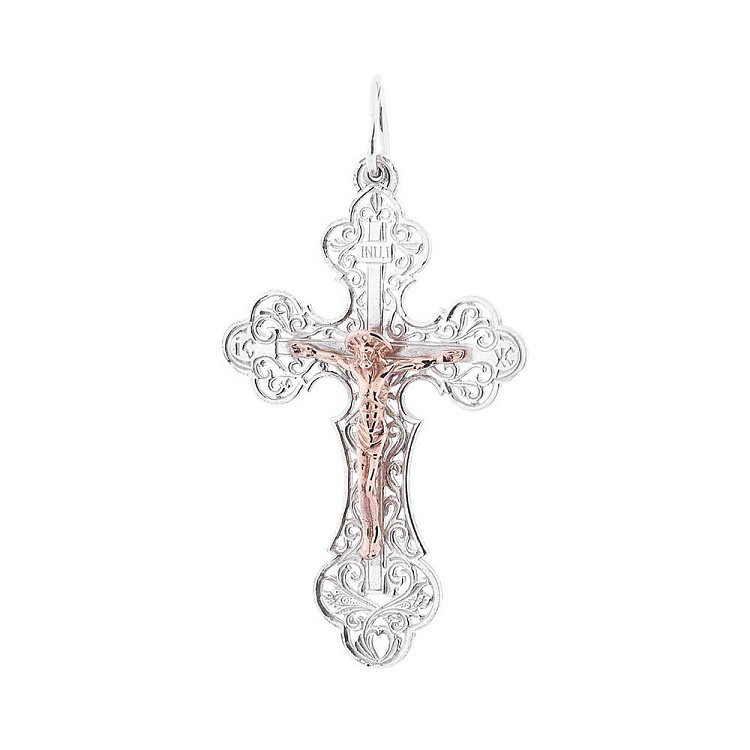 Серебряный крестик с золотым распятием 13545а от ювелирного магазина Оникс