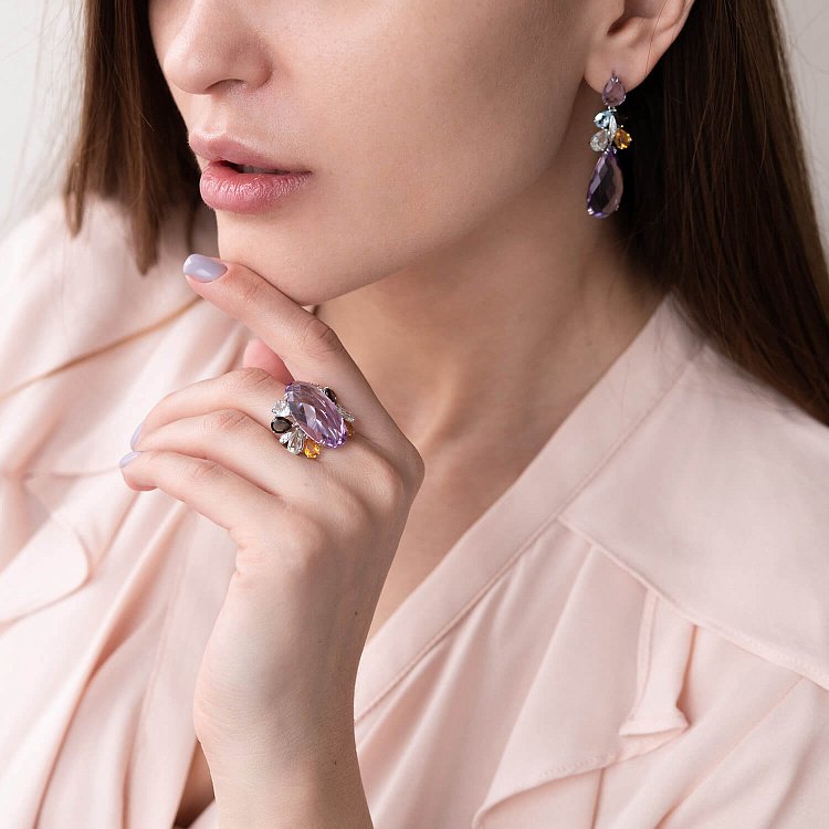 Золотое кольцо (бриллианты, топаз голубой, цитрин, кварц дымчастый, аметист зеленый, аметист) к746A1 от ювелирного магазина Оникс - 3