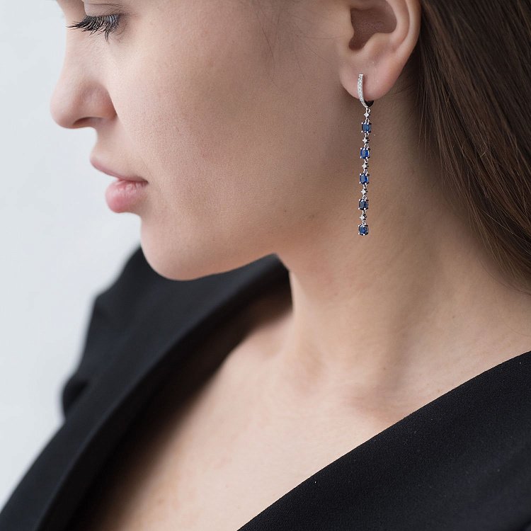 Висячие серьги с бриллиантами и сапфирами из белого золота сб0299ca от ювелирного магазина Оникс - 5