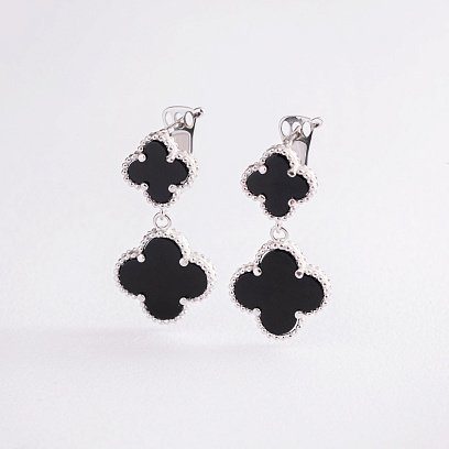 Срібні сережки "Конюшина" з оніксом 123033