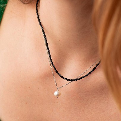 Серебряное двойное колье (хрусталь, жемчуг) 908-01428 №4