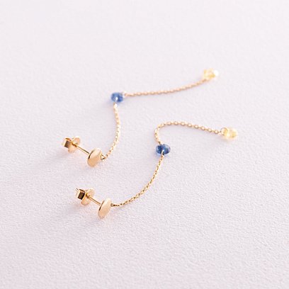 Висячие золотые серьги - пусеты "Украинка" (голубые и желтые фианиты) с08104 №3