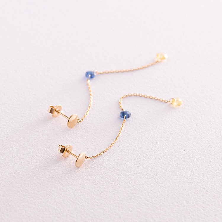 Висячие золотые серьги - пусеты "Украинка" (голубые и желтые фианиты) с08104 от ювелирного магазина Оникс - 2