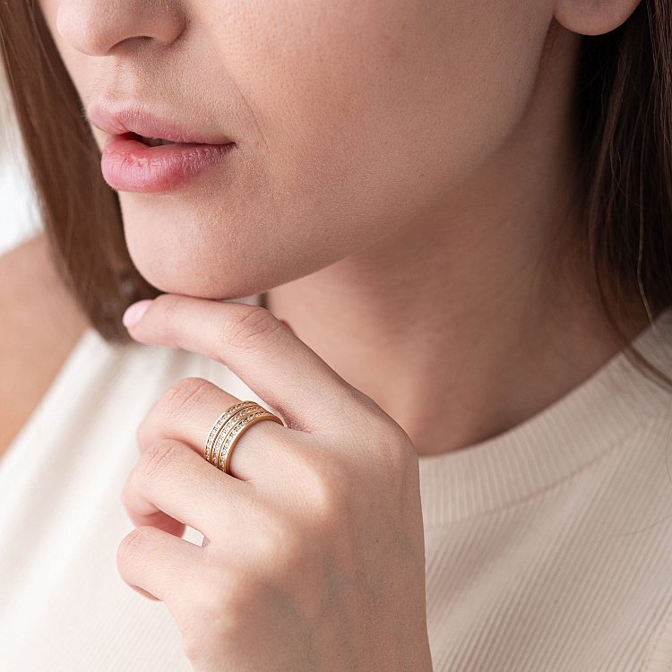 Золотое тройное кольцо (фианиты) к02644 от ювелирного магазина Оникс - 1