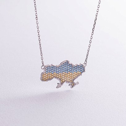 Колье "Карта Украины" в серебре (голубые, желтые фианиты) 4034-2563