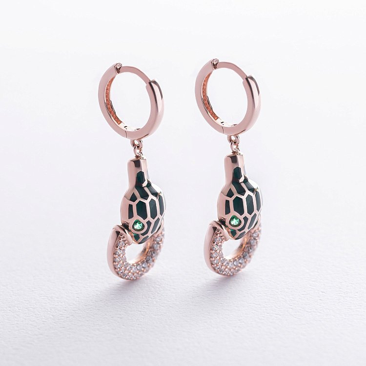 Золотые серьги "Змеи" (эмаль, фианит) с08695 от ювелирного магазина Оникс