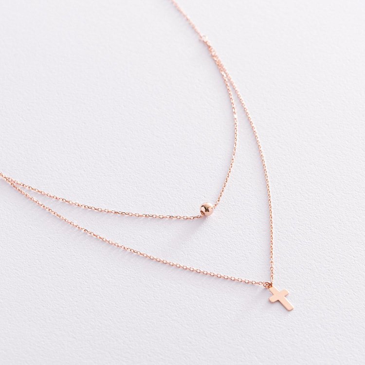 Двойное золотое колье "Крестик и шарик" кол01922 от ювелирного магазина Оникс