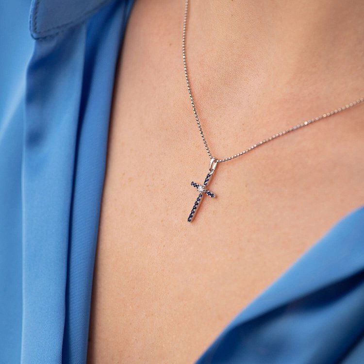 Золотий хрестик з сапфірами і діамантами пб0123gm від ювелірного магазину Онікс - 3