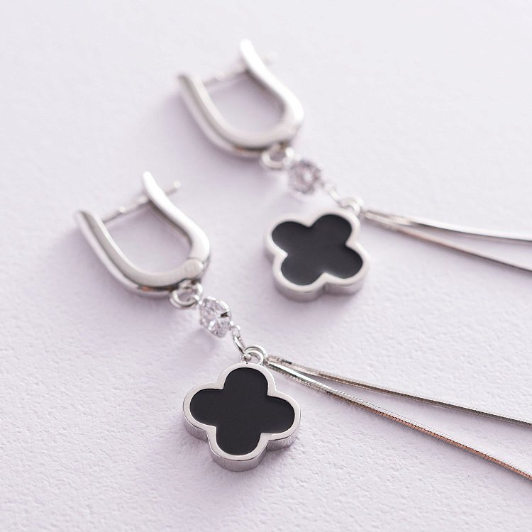 Срібні сережки "Конюшина" (емаль, фіаніт) 122787 від ювелірного магазину Онікс - 2