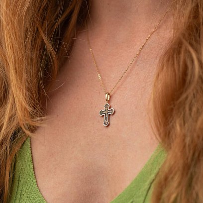 Золотой крестик "Распятие. Спаси и сохрани" с чернением п03877 №4