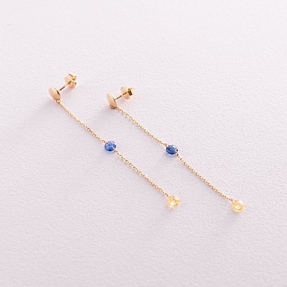 Висячі золоті сережки - пусети "Українка" (блакитні та жовті фіаніти) с08104