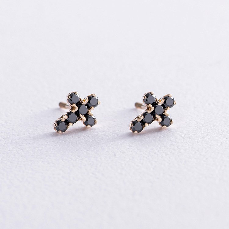 Золотые серьги - пусеты "Крестики" с черными бриллиантами 322873122 от ювелирного магазина Оникс