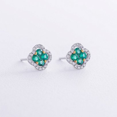 Золоті сережки - пусети "Конюшина" зі смарагдами і діамантами сб0520cha