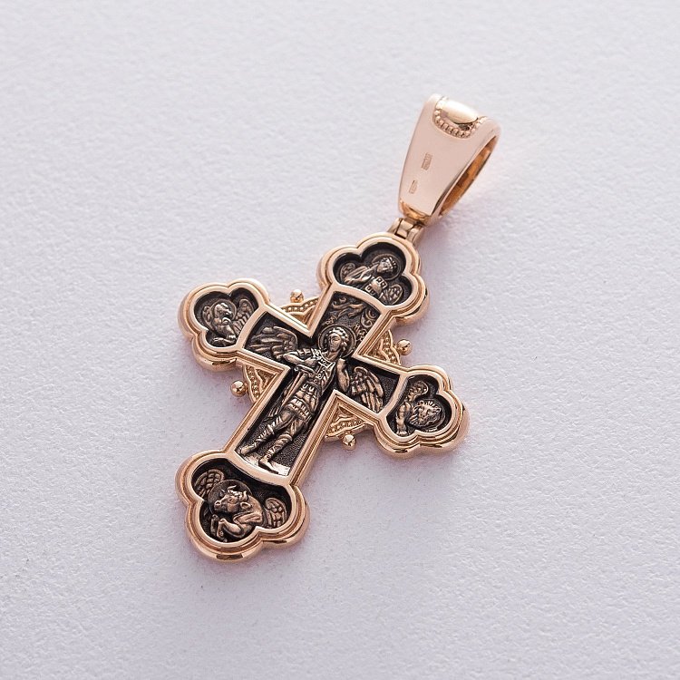 Православный золотой крест "Распятие Христово, Александр Невский, Димитрий Донской, Сергий Радонежский. Архангел Михаил" п02683 от ювелирного магазина Оникс - 3