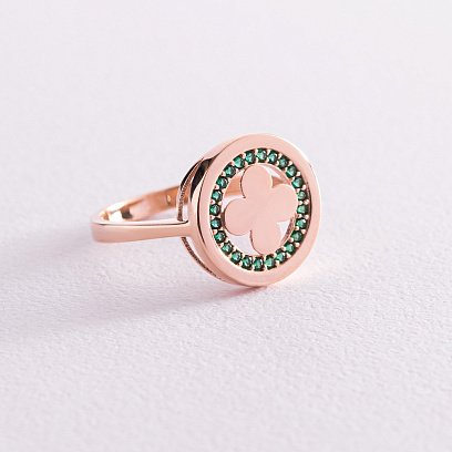 Кольцо "Клевер" в красном золоте (зеленые фианиты) к06945