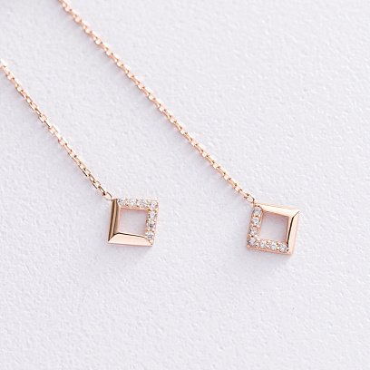 Золотые серьги "Ромбы" на цепочке (фианиты) с07268 №4