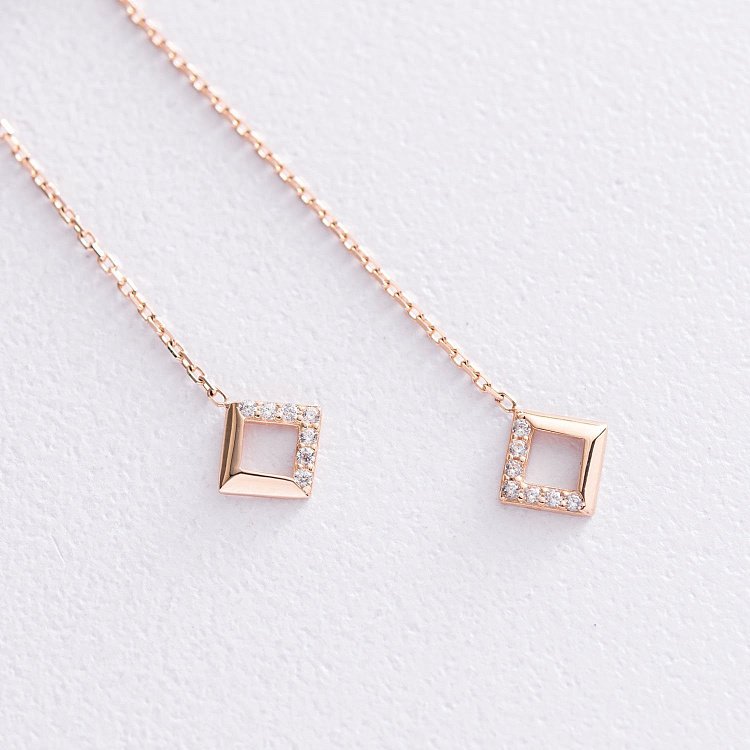 Золотые серьги "Ромбы" на цепочке (фианиты) с07268 от ювелирного магазина Оникс - 3