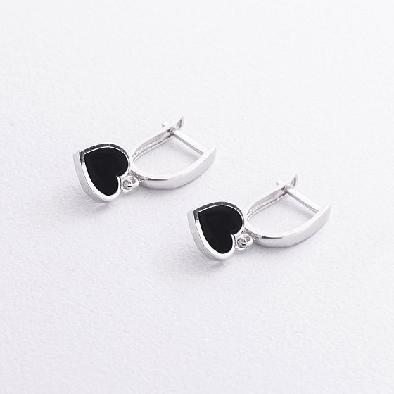 Серьги "Сердечки" в белом золоте (эмаль) с09642 №3